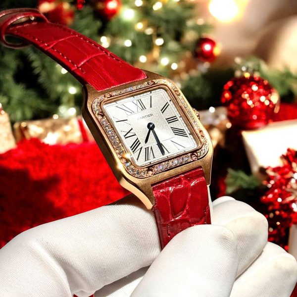 Đồng Hồ Cartier Santos Dumont WJSA0017 Màu Đỏ Chế Tác Bọc Vàng + Kim Cương Moissanite 33x38mm (2)