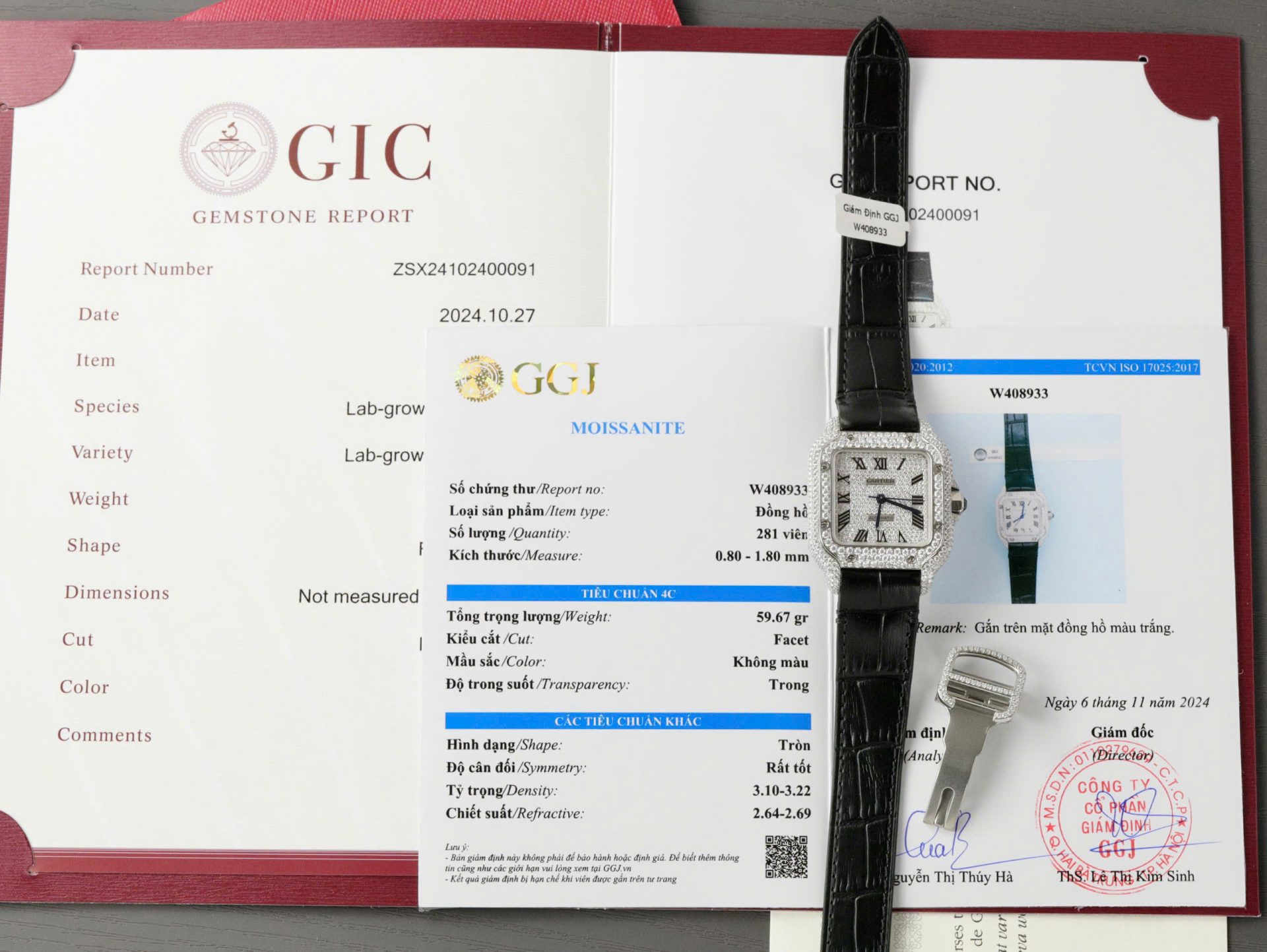 Đồng Hồ Cartier Santos Nữ Chế Tác Đính Full Kim Cương Moissanite Dây Da 35mm (2)
