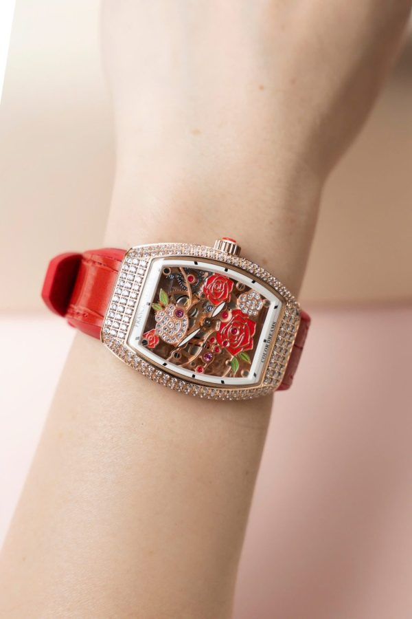 Đồng Hồ Franck Muller Replica 11 Vanguard V32 Skeleton Mặt Hoa Màu Đỏ 36mm (2)