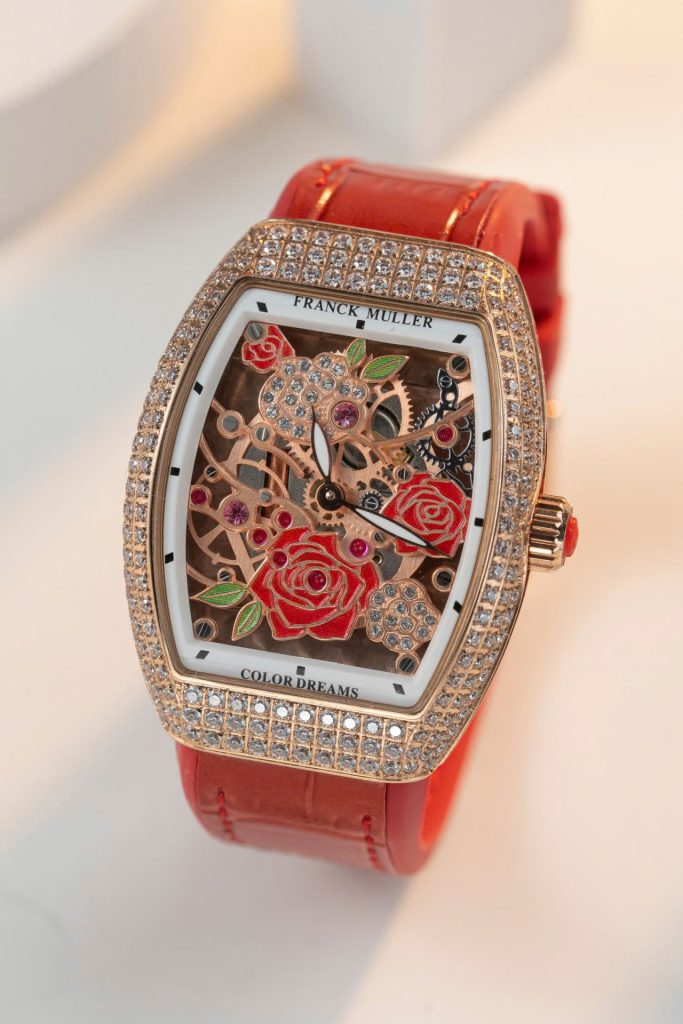 Đồng Hồ Franck Muller Replica 11 Vanguard V32 Skeleton Mặt Hoa Màu Đỏ 36mm (2)