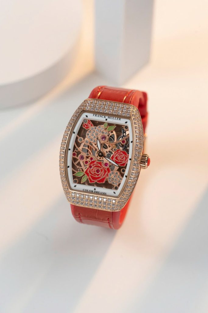 Đồng Hồ Franck Muller Replica 11 Vanguard V32 Skeleton Mặt Hoa Màu Đỏ 36mm (2)