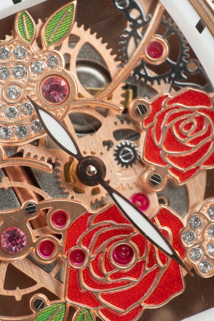 Đồng Hồ Franck Muller Replica 11 Vanguard V32 Skeleton Mặt Hoa Màu Đỏ 36mm (2)