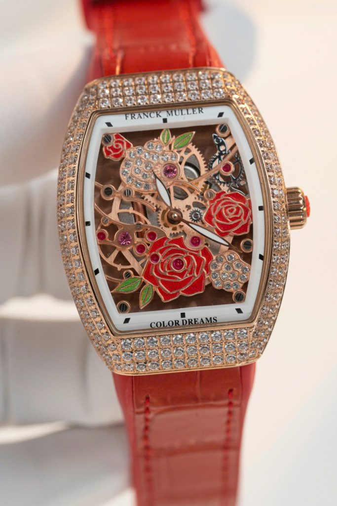 Đồng Hồ Franck Muller Replica 11 Vanguard V32 Skeleton Mặt Hoa Màu Đỏ 36mm (2)