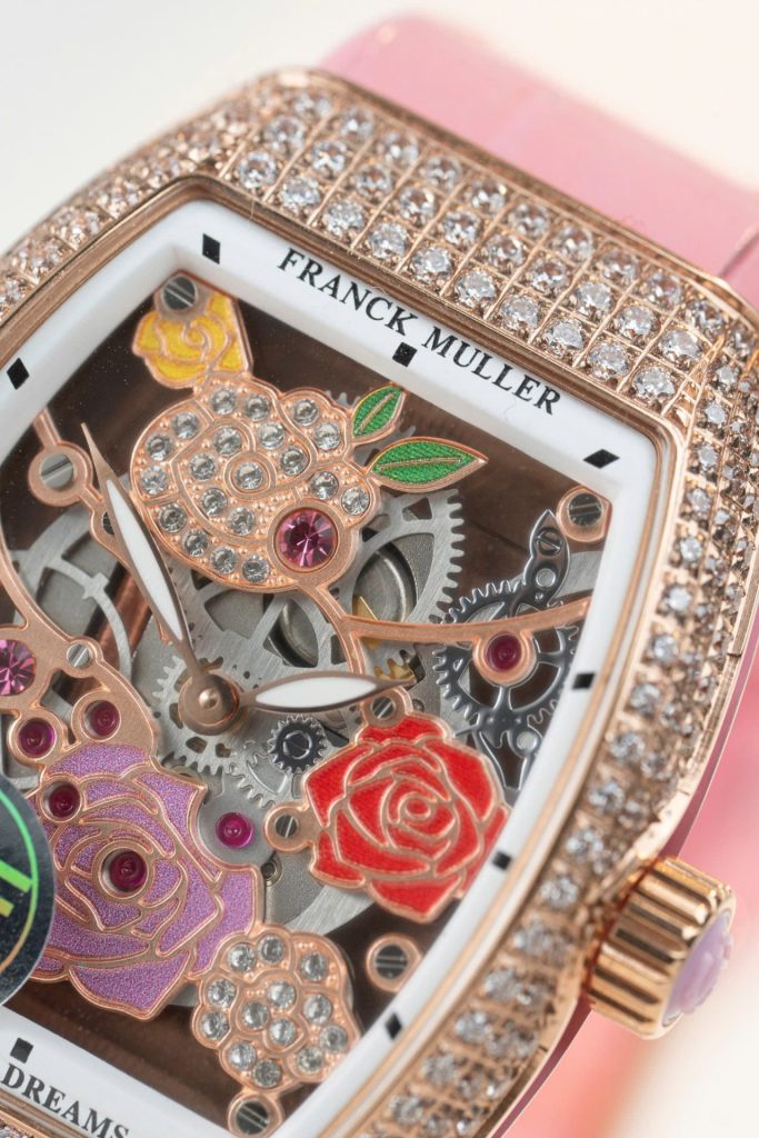 Đồng Hồ Franck Muller Replica 11 Vanguard V32 Skeleton Mặt Hoa Màu Hồng 36mm (2)