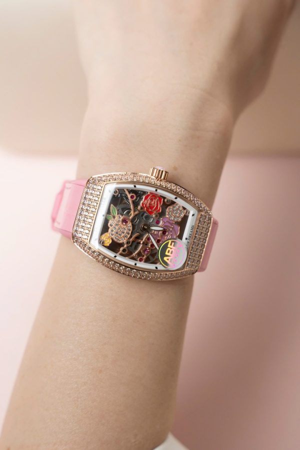 Đồng Hồ Franck Muller Replica 11 Vanguard V32 Skeleton Mặt Hoa Màu Hồng 36mm (2)