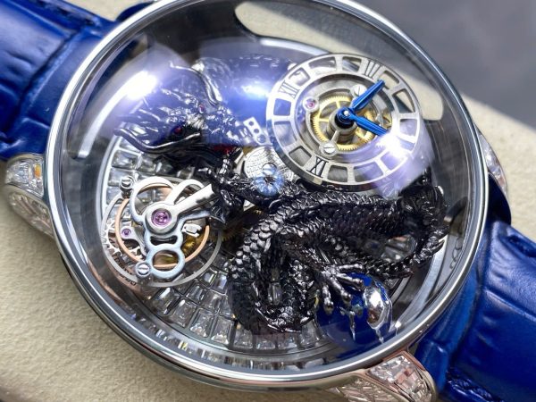 Đồng Hồ Jacob & Co Rồng Đen Replica Cao Cấp Nhất Dây Da Màu Xanh 45mm (10)