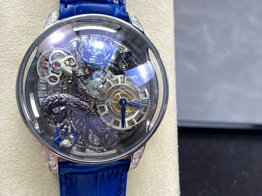 Đồng Hồ Jacob & Co Rồng Đen Replica Cao Cấp Nhất Dây Da Màu Xanh 45mm (10)