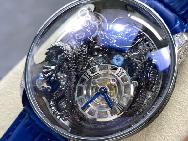 Đồng Hồ Jacob & Co Rồng Đen Replica Cao Cấp Nhất Dây Da Màu Xanh 45mm (10)