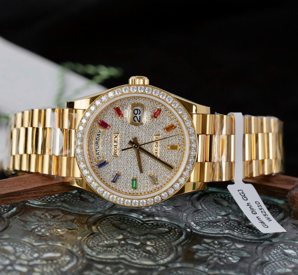 Đồng Hồ Rolex Chế Tác Day-Date Bọc Vàng 18K Độ Kim Cương Moissanite GMF 36mm (2)