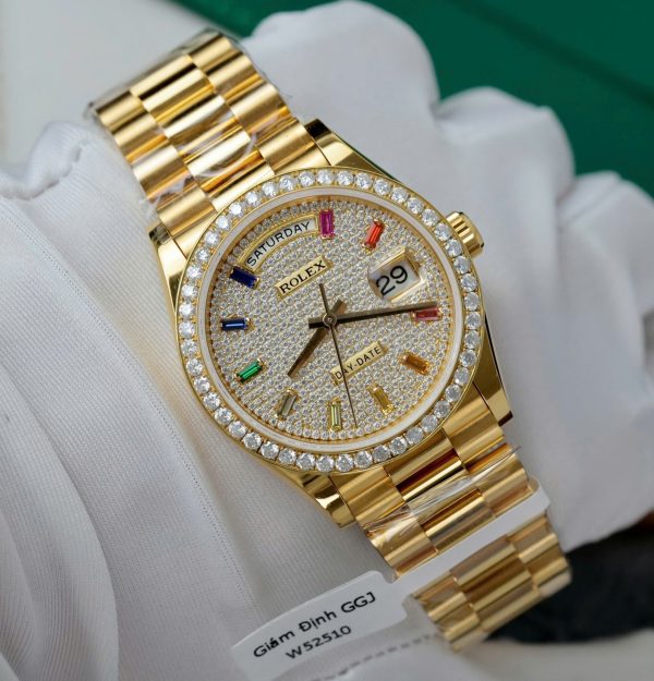 Đồng Hồ Rolex Chế Tác Day-Date Bọc Vàng 18K Độ Kim Cương Moissanite GMF 36mm (2)