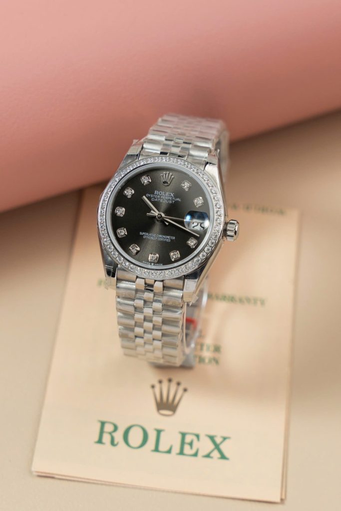 Đồng Hồ Rolex DateJust Lady Replica Cao Cấp Mặt Xám Cọc Số Đính Đá 31mm (2)