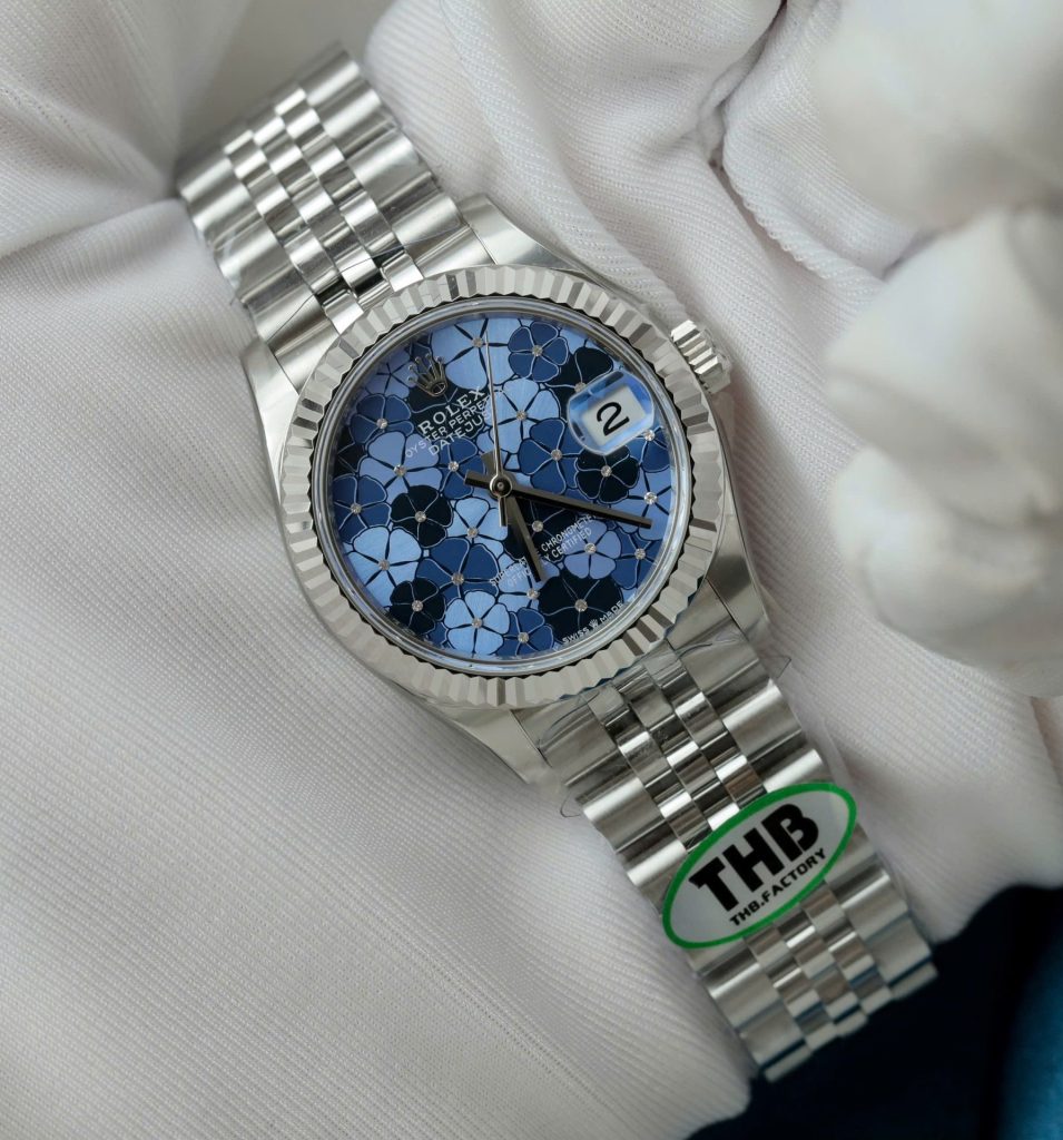 Đồng Hồ Rolex DateJust Replica 11 Nữ Mặt Hoa Màu Xanh Blue Xưởng THB 31mm (2)