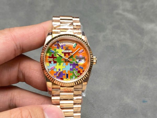 Đồng Hồ Rolex Day-Date 128235 Chế Tác Mặt Số Puzzle Emoji Jigsaw Motif 36mm (3)