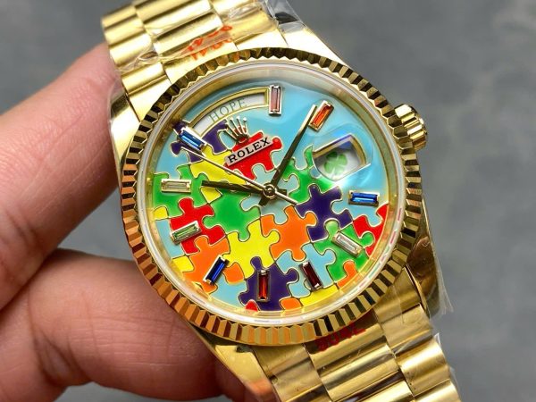 Đồng Hồ Rolex Day-Date 128238 Chế Tác Mặt Số Puzzle Emoji Jigsaw Motif 36mm (8)