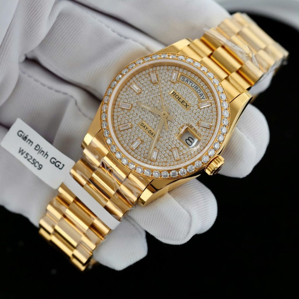 Đồng Hồ Rolex Day-Date Bọc Vàng 18K Độ Kim Cương Moissanite Chế Tác Xưởng GM 36mm (2)