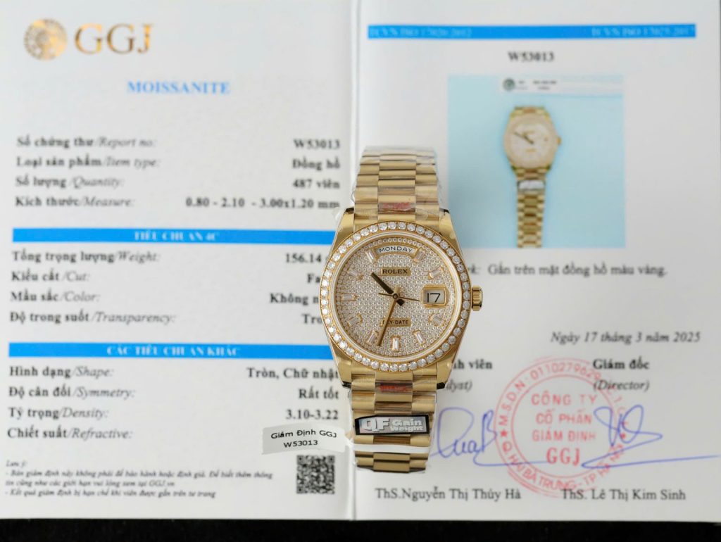 Đồng Hồ Rolex Day-Date Chế Tác Bọc Vàng 18K Đính Moissanite Trọng Lượng 159Gram QF 36mm (2)