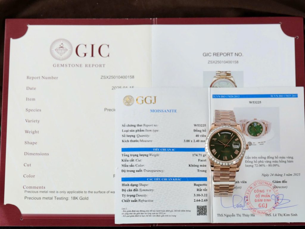 Đồng Hồ Rolex Day-Date Mặt Xanh Lá Cây Chế Tác Bọc Vàng Đính Kim Cương Moissanite Baguette 40mm (2)