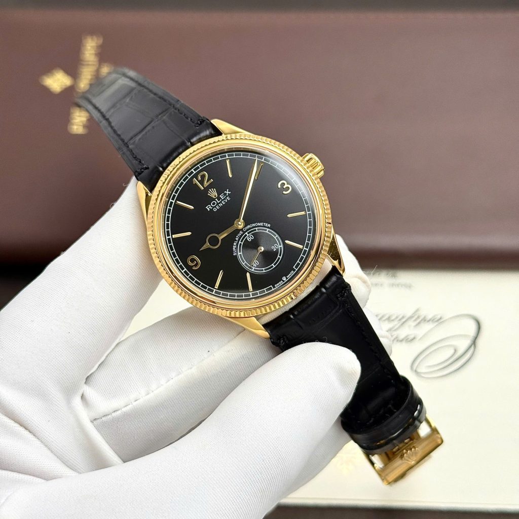 Đồng Hồ Rolex Perpetual 1908 Fake 11 Mạ Vàng Mặt Đen 39mm (2)