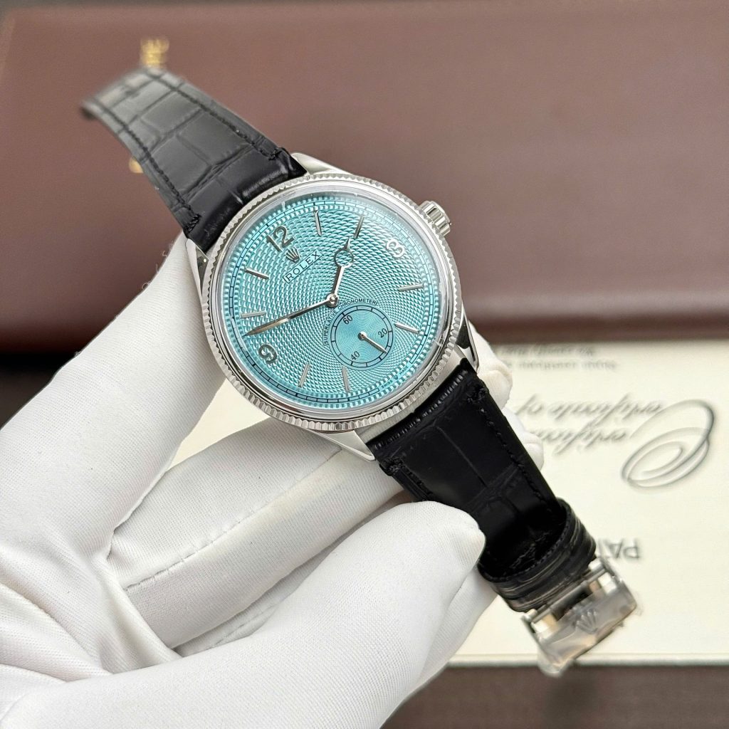 Đồng Hồ Rolex Perpetual 1908 Fake Cao Cấp Mặt Tiffany Dây Da Đen 39mm (2)