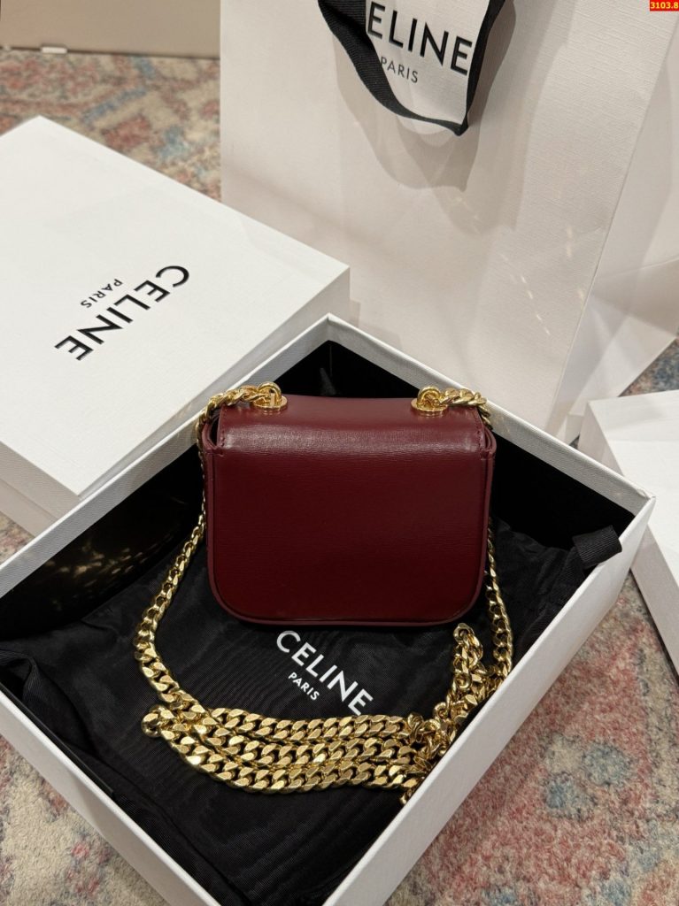 Túi Celine Mini Chain Claude Siêu Cấp Màu Đỏ Mận Khoá Vàng 11x8x4cm (2)