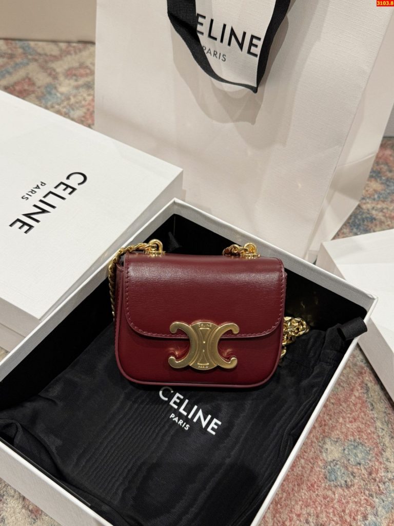 Túi Celine Mini Chain Claude Siêu Cấp Màu Đỏ Mận Khoá Vàng 11x8x4cm (2)