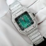 Đồng Hồ Cartier Santos Chế Tác Đính Full Kim Cương Moissanite Mặt Xanh Lá Cây Xưởng BV 39 (2)