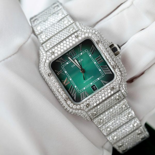 Đồng Hồ Cartier Santos Chế Tác Đính Full Kim Cương Moissanite Mặt Xanh Lá Cây Xưởng BV 39 (2)