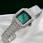 Đồng Hồ Cartier Santos Chế Tác Đính Full Kim Cương Moissanite Mặt Xanh Lá Cây Xưởng BV 39 (2)