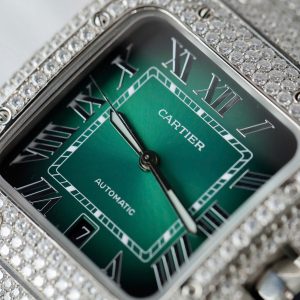 Đồng Hồ Cartier Santos Chế Tác Đính Full Kim Cương Moissanite Mặt Xanh Lá Cây Xưởng BV 39 (2)