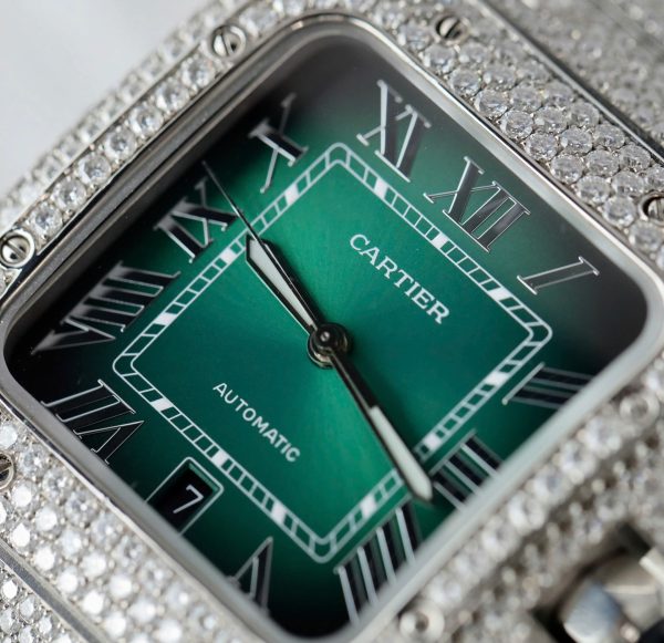 Đồng Hồ Cartier Santos Chế Tác Đính Full Kim Cương Moissanite Mặt Xanh Lá Cây Xưởng BV 39 (2)