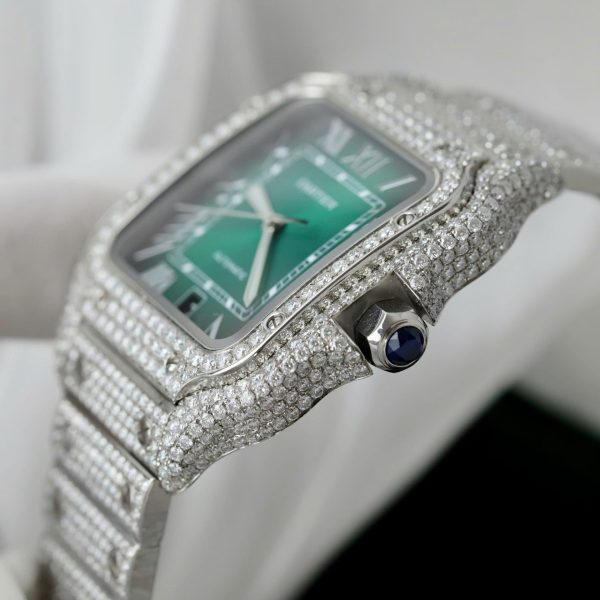 Đồng Hồ Cartier Santos Chế Tác Đính Full Kim Cương Moissanite Mặt Xanh Lá Cây Xưởng BV 39 (2)