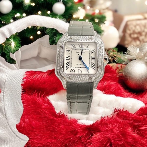 Đồng Hồ Cartier Santos Nữ Mặt Trắng Chế Tác Đính Kim Cương Moissanite Xưởng BV 35mm (2)