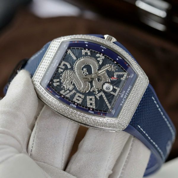 Đồng Hồ Franck Muller V45 Rep Cao Cấp Họa Tiết Rồng Màu Xanh Blue Xưởng ABF 45mm (2)