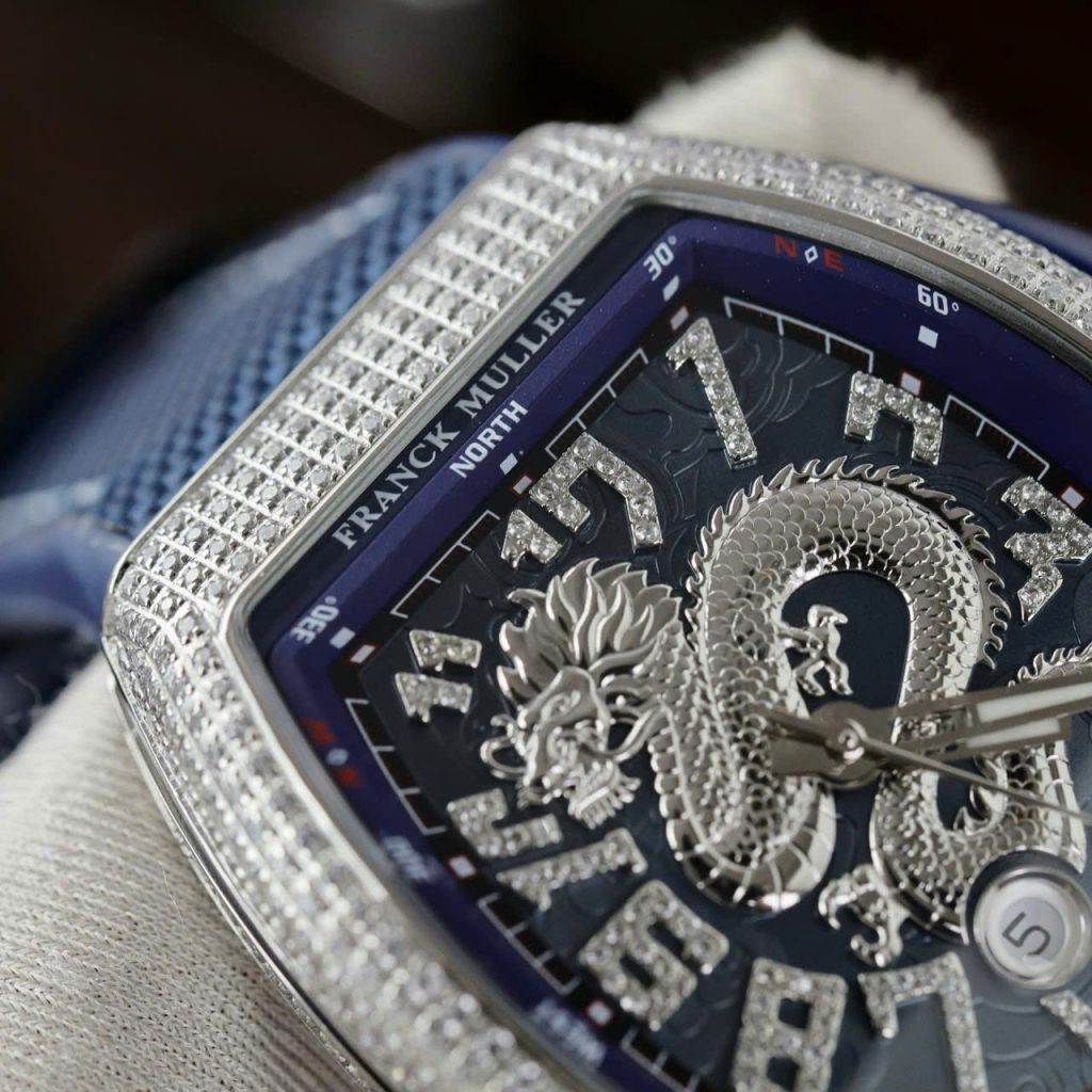 Đồng Hồ Franck Muller V45 Rep Cao Cấp Họa Tiết Rồng Màu Xanh Blue Xưởng ABF 45mm (2)