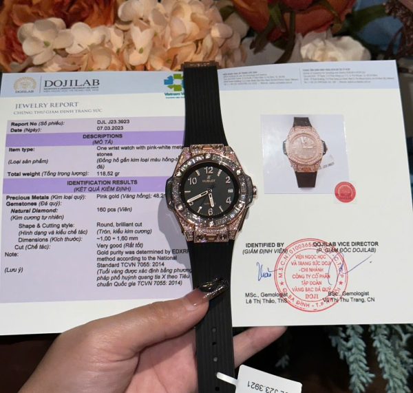 Đồng Hồ Hublot Big Bang One Click Mặt Đen Chế Tác Bọc Vàng Thật + Kim Cương Moissanite Baguette 39mm (2)