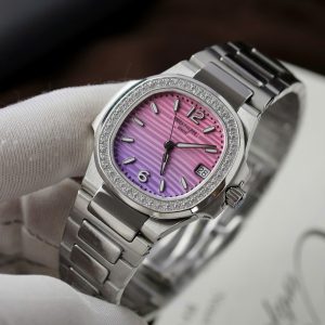 Đồng Hồ Patek Philippe Replica 11 Nautilus 7010R Mặt Tím Hồng Viền Đính Đá Xưởng GR 32mm (2)