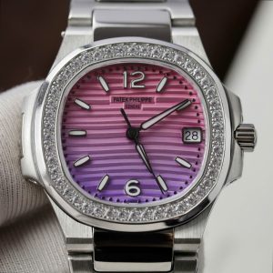 Đồng Hồ Patek Philippe Replica 11 Nautilus 7010R Mặt Tím Hồng Viền Đính Đá Xưởng GR 32mm (2)