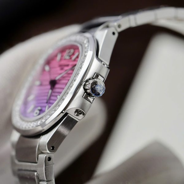 Đồng Hồ Patek Philippe Replica 11 Nautilus 7010R Mặt Tím Hồng Viền Đính Đá Xưởng GR 32mm (2)