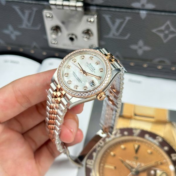 Đồng Hồ Rolex DateJust Mặt MOP Rep 11 Mạ Vàng Hồng Viền Đính Đá Xưởng THB 31mm (2)