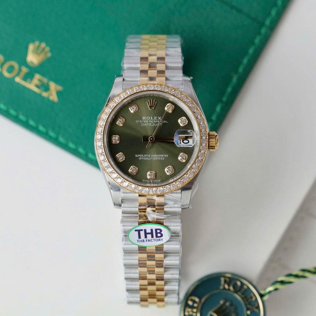 Đồng Hồ Rolex DateJust Mặt Xanh Lá Cây Replica 11 Mạ Vàng Hồng Viền Đính Đá THB 31mm (2)