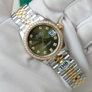 Đồng Hồ Rolex DateJust Mặt Xanh Lá Cây Replica 11 Mạ Vàng Hồng Viền Đính Đá THB 31mm (2)