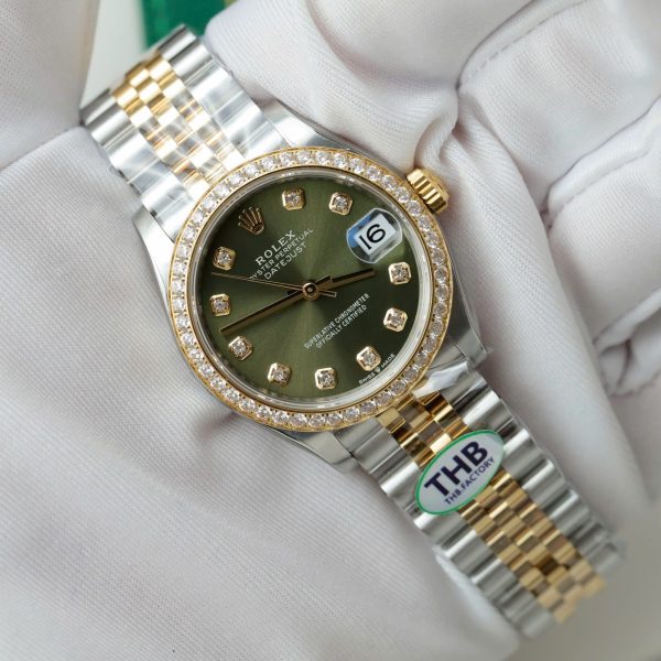 Đồng Hồ Rolex DateJust Mặt Xanh Lá Cây Replica 11 Mạ Vàng Hồng Viền Đính Đá THB 31mm (2)