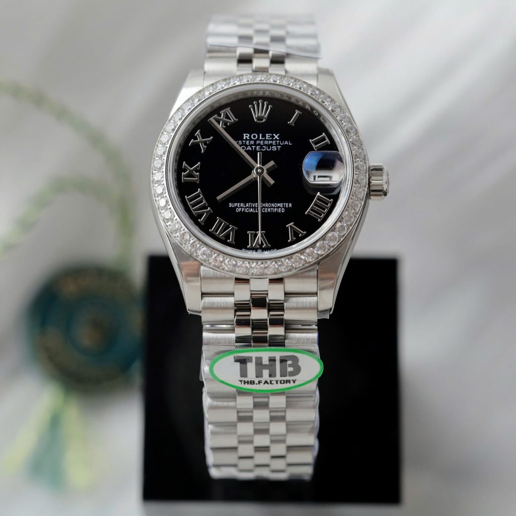 Đồng Hồ Rolex DateJust Nữ Chế Tác Mặt Đen Cọc Số La Mã Xưởng THB 31mm (2)
