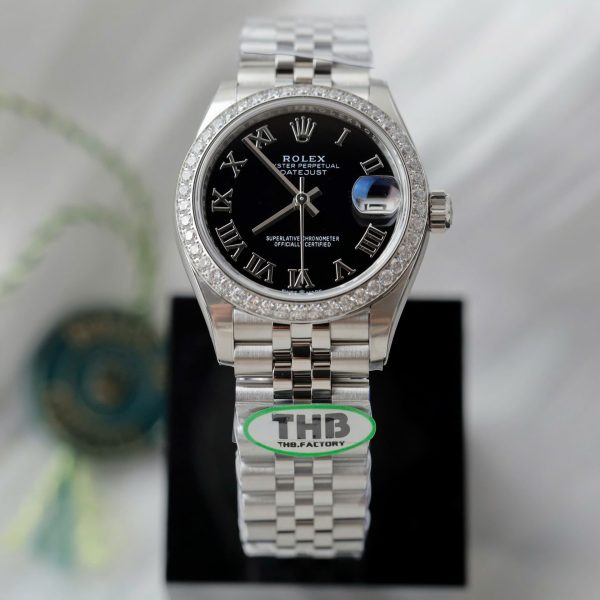 Đồng Hồ Rolex DateJust Nữ Chế Tác Mặt Đen Cọc Số La Mã Xưởng THB 31mm (2)