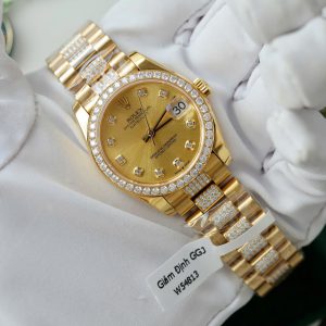 Đồng Hồ Rolex DateJust Nữ Mặt Vàng Chế Tác Bọc Vàng Đính Moissanite Xưởng GM 31mm (2)
