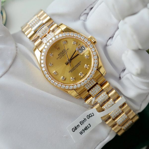 Đồng Hồ Rolex DateJust Nữ Mặt Vàng Chế Tác Bọc Vàng Đính Moissanite Xưởng GM 31mm (2)