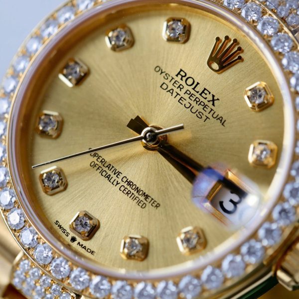 Đồng Hồ Rolex DateJust Nữ Mặt Vàng Chế Tác Bọc Vàng Đính Moissanite Xưởng GM 31mm (2)