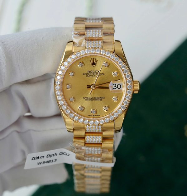 Đồng Hồ Rolex DateJust Nữ Mặt Vàng Chế Tác Bọc Vàng Đính Moissanite Xưởng GM 31mm (2)