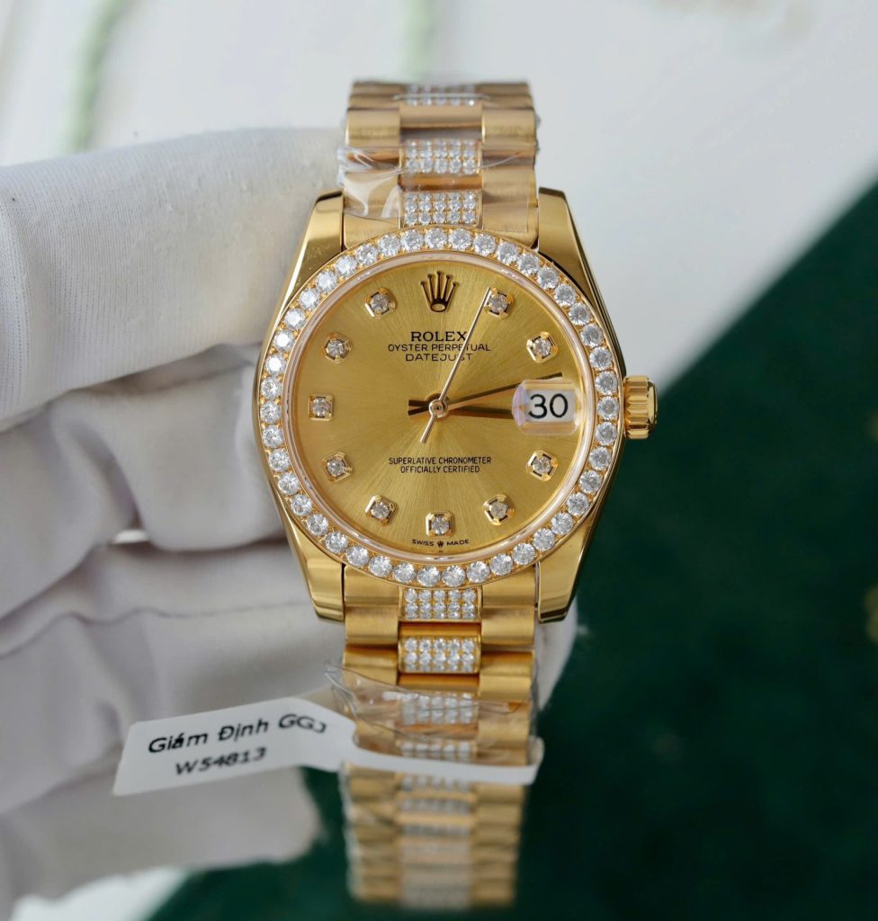 Đồng Hồ Rolex DateJust Nữ Mặt Vàng Chế Tác Bọc Vàng Đính Moissanite Xưởng GM 31mm (2)