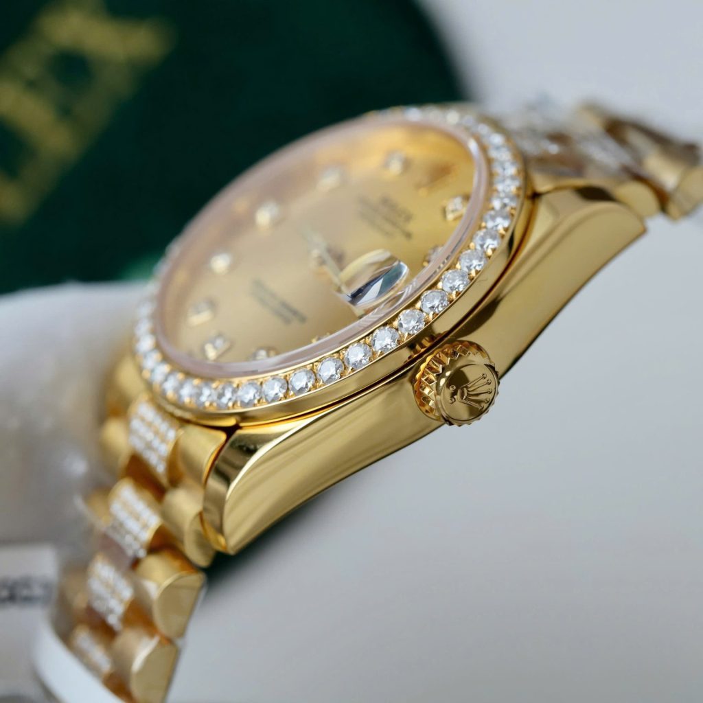 Đồng Hồ Rolex DateJust Nữ Mặt Vàng Chế Tác Bọc Vàng Đính Moissanite Xưởng GM 31mm (2)